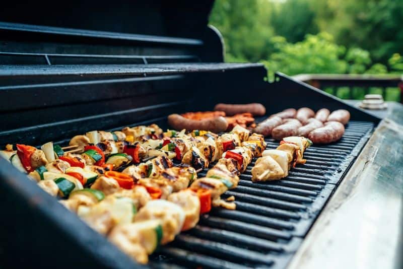 grilled skewers and sausages on BBQ