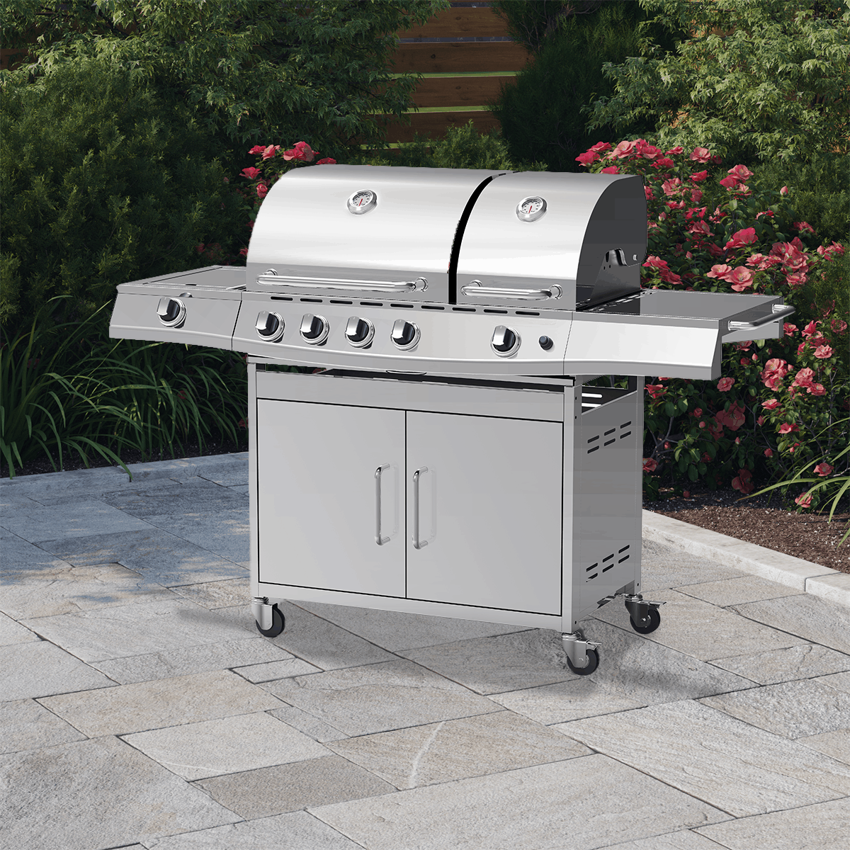 BillyOh Stainless Steel Dallas 5 burner Gas BBQ on patio