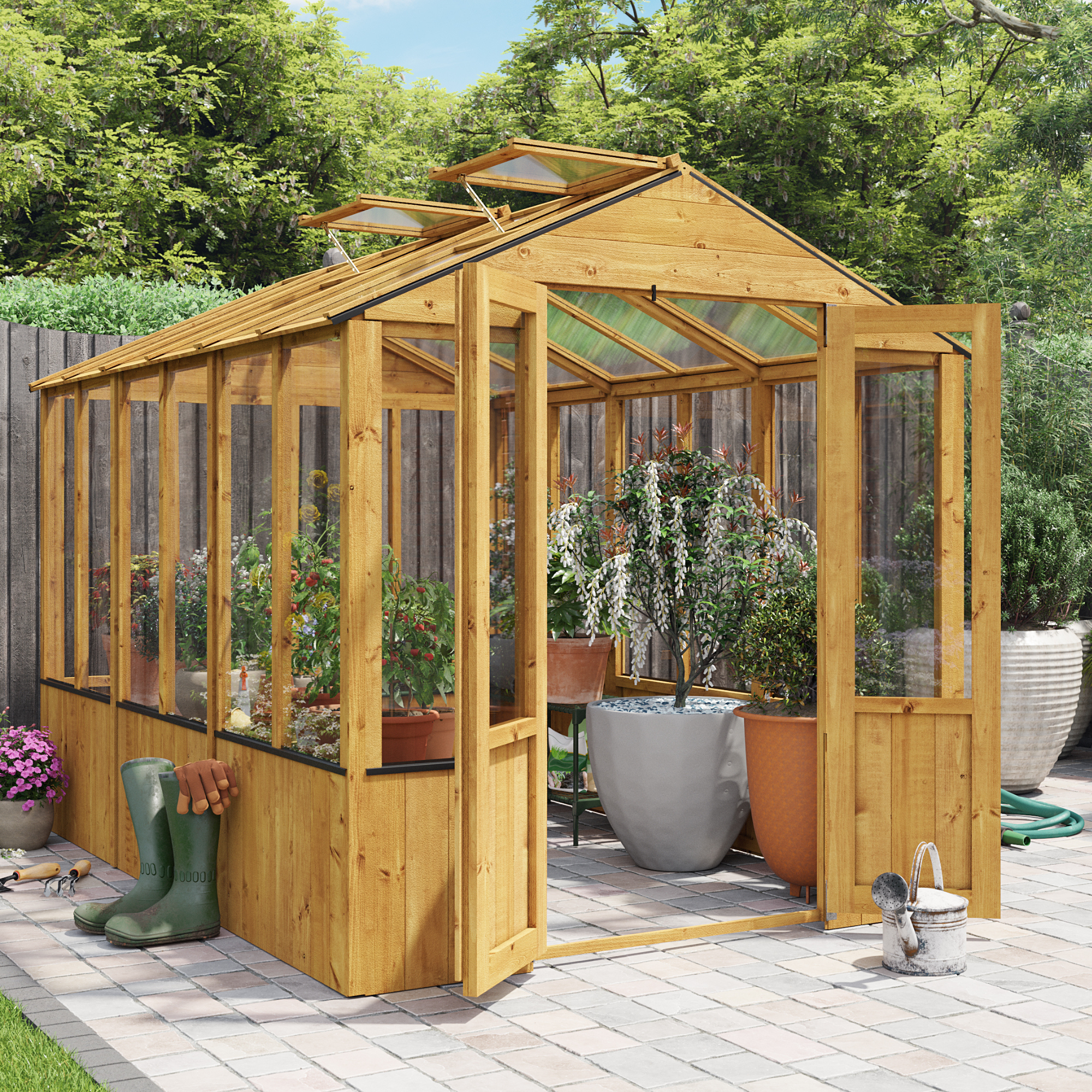 9x6 Wooden Clear Wall Greenhouse with Opening Roof Vent | Lincoln Wooden Greenhouse