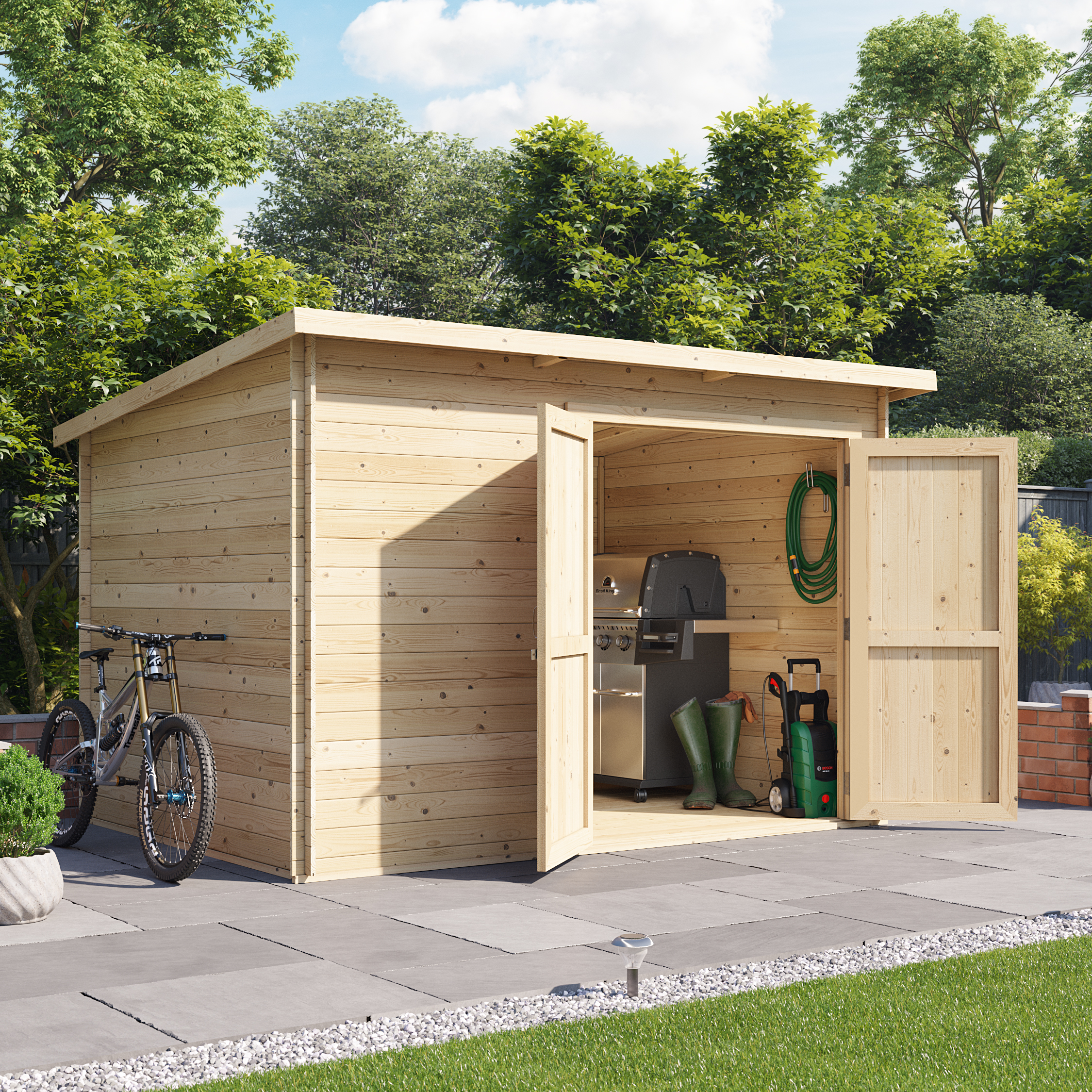 10x8 Log Cabin - BillyOh Pent Log Cabin Windowless Heavy Duty Shed Range - Double Door Garden Storage 28mm