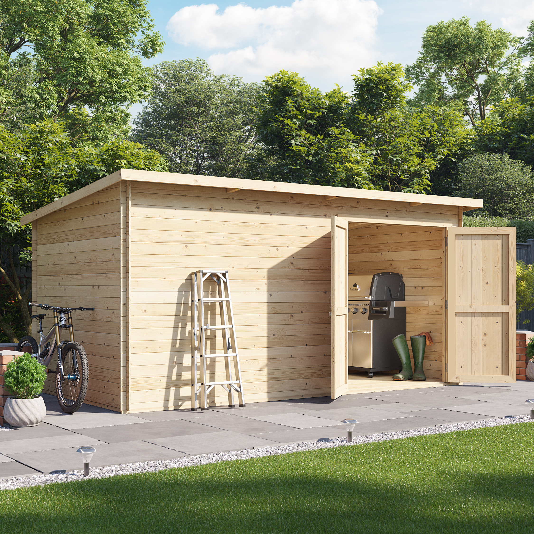 14x8 Log Cabin - BillyOh Pent Log Cabin Windowless Heavy Duty Shed Range - Double Door Garden Storage 28mm