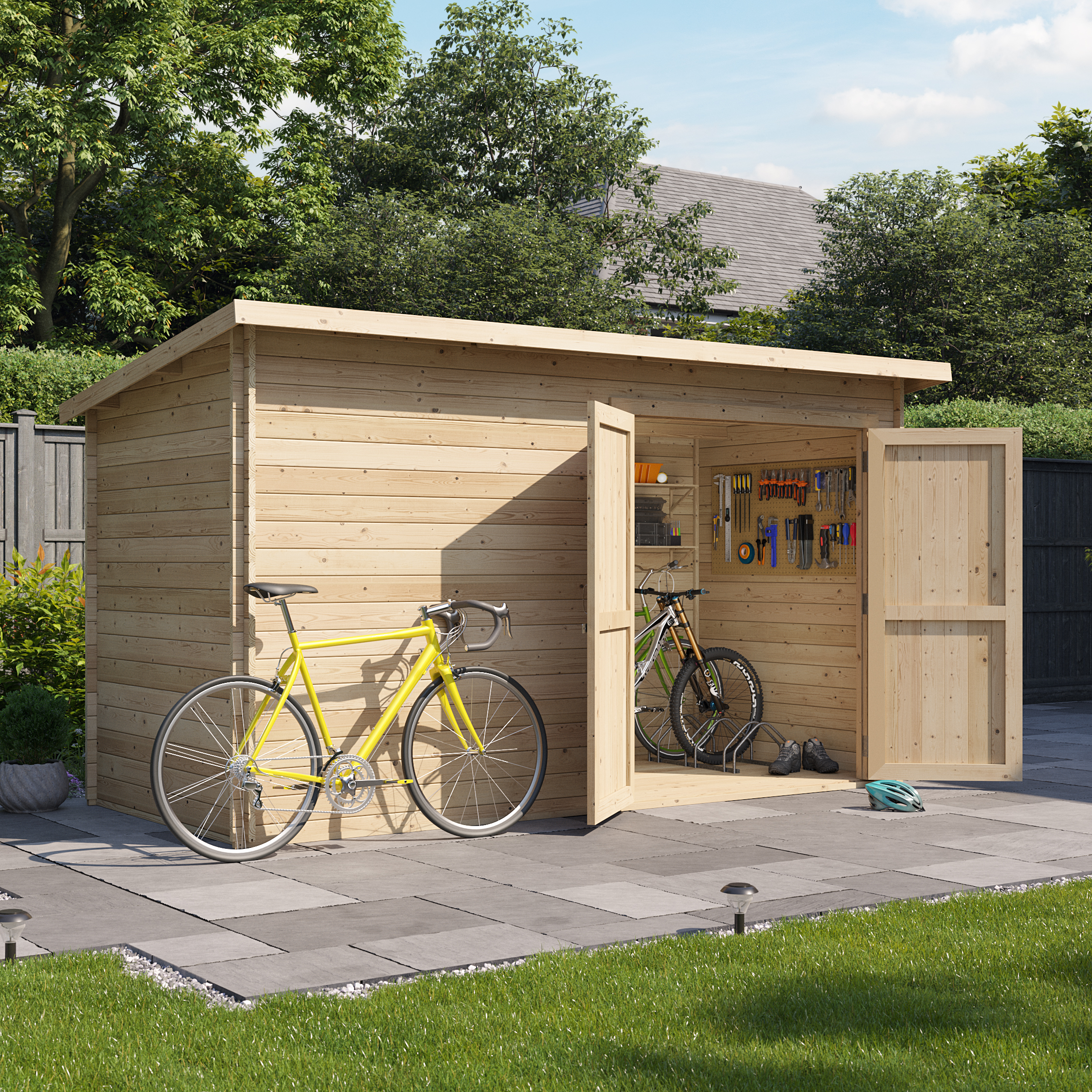 12 x 6 Log Cabin - BillyOh Pent Log Cabin Windowless Heavy Duty Bike Store Range - 12x6 Log Cabin Shed Double Door - 19mm