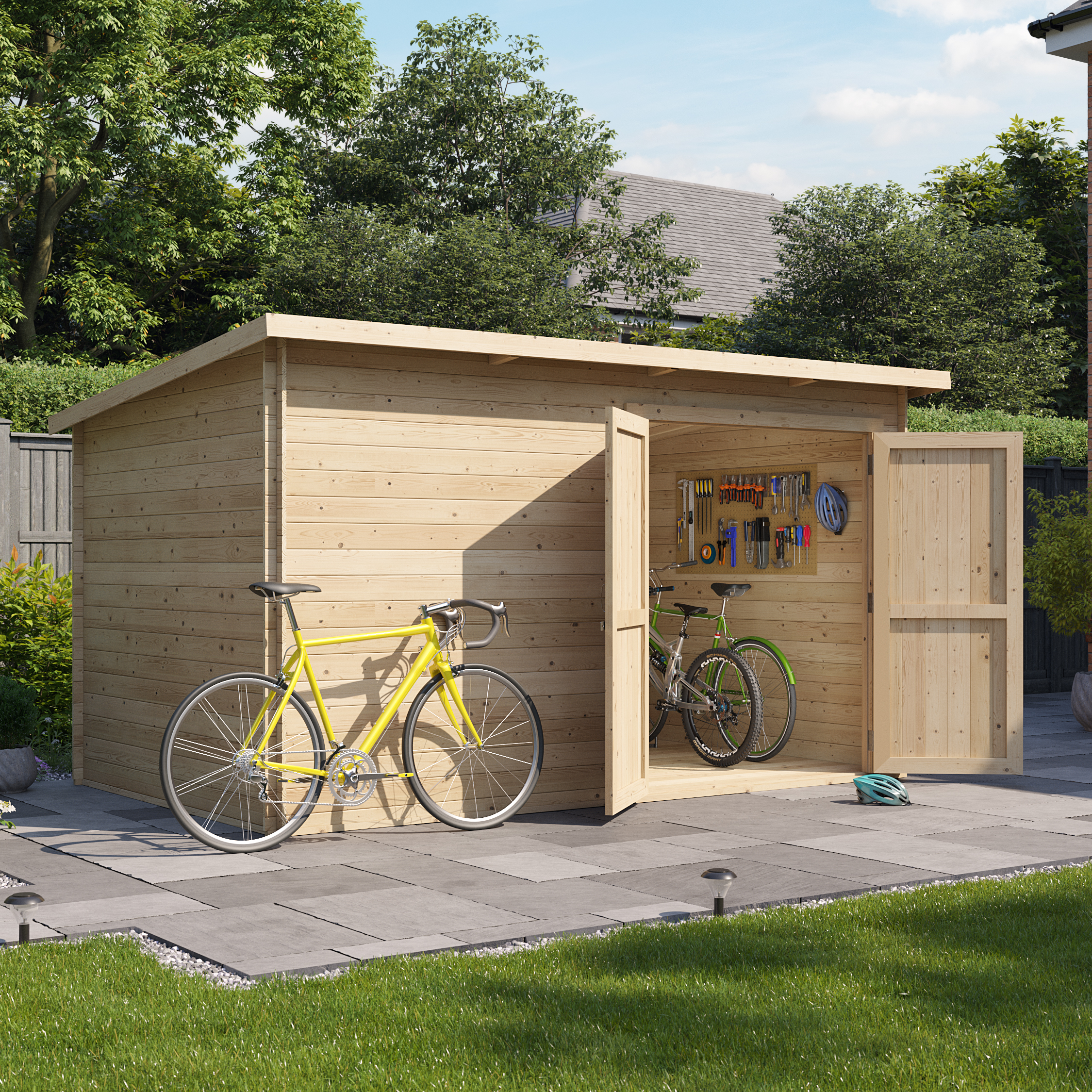 12 x 8 Log Cabin - BillyOh Pent Log Cabin Windowless Heavy Duty Bike Store Range - 12x8 Log Cabin Shed Double Door - 19mm