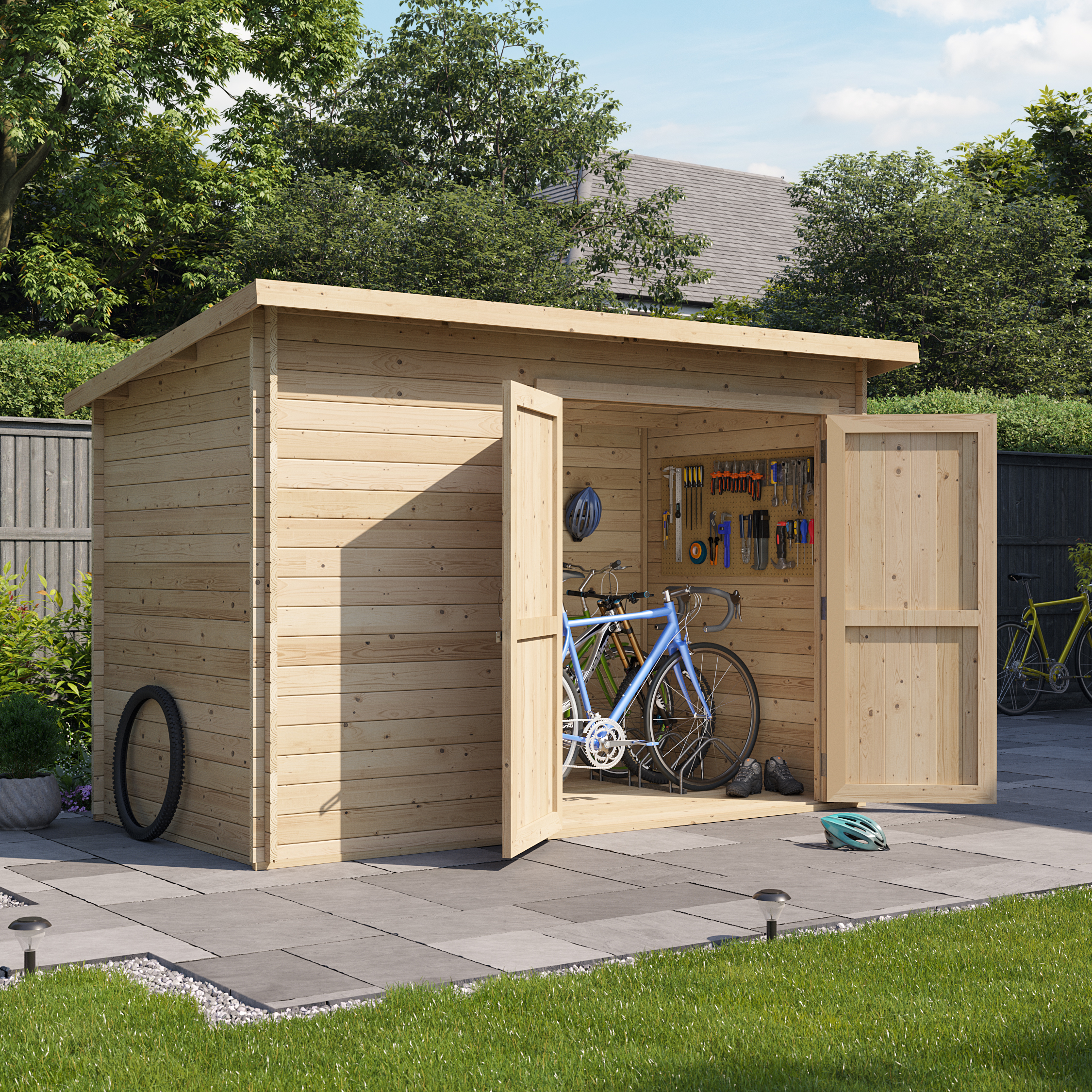 10 x 6 Pressure Treated Log Cabin - BillyOh Pent Log Cabin Windowless Heavy Duty Bike Store Range - 10x6 Log Cabin Shed Double Door - 28mm