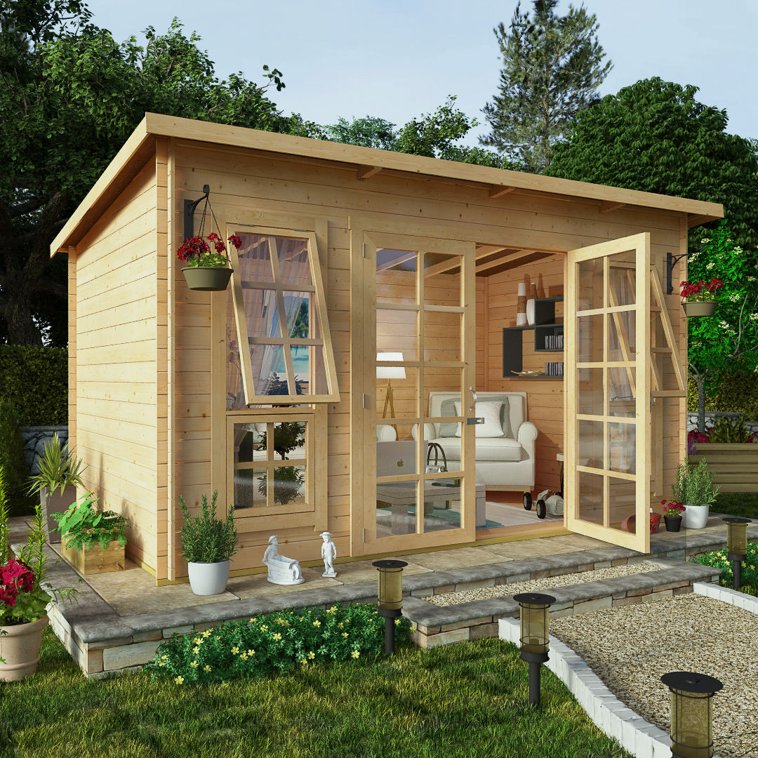 BillyOh 12 x 8 Pent Log Cabin Summerhouse 19mm Central Doors