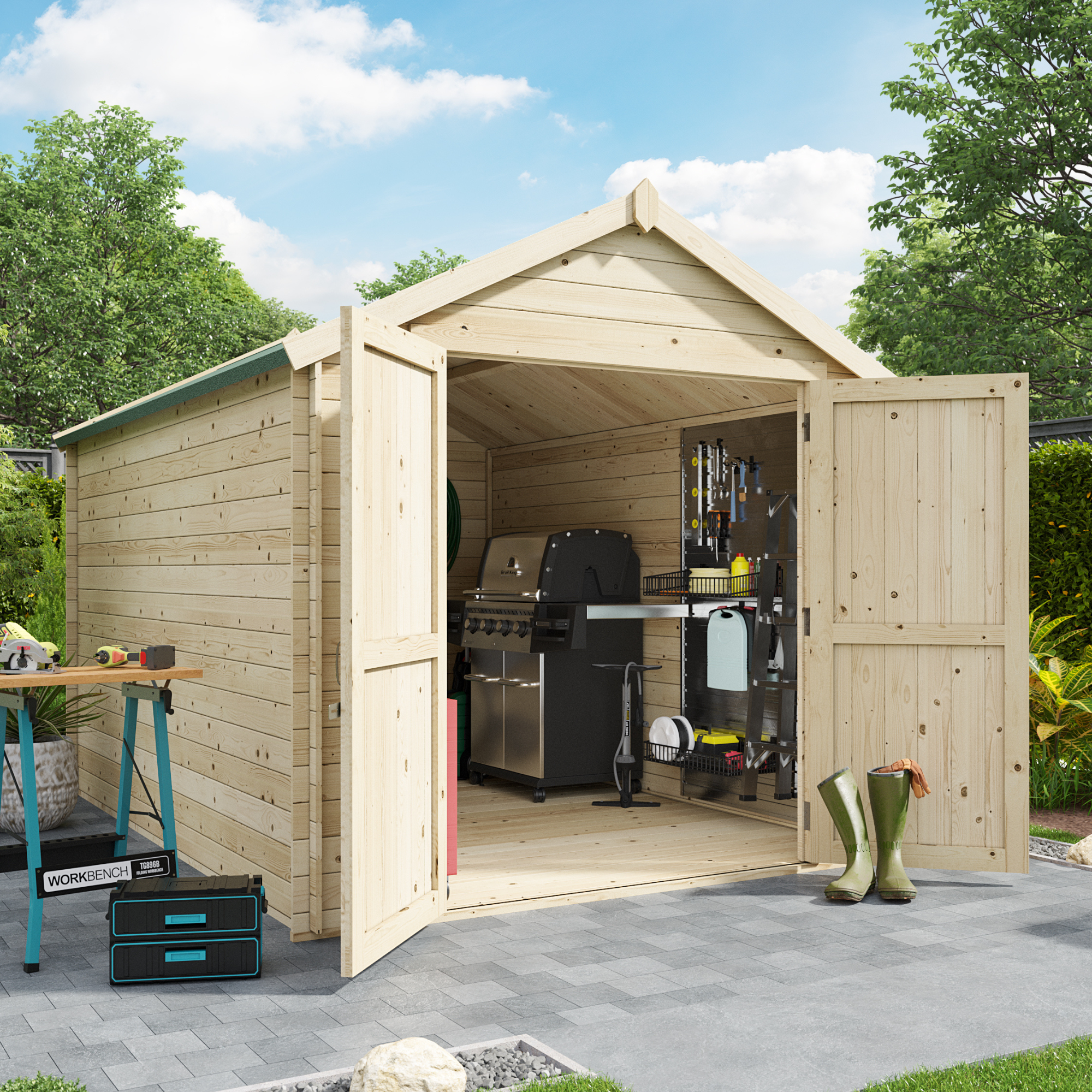BillyOh Pro Apex Log Cabin - W2.4m x D3.3m - 19mm Tongue & Groove Walls & Wide Door - Log Cabin Shed