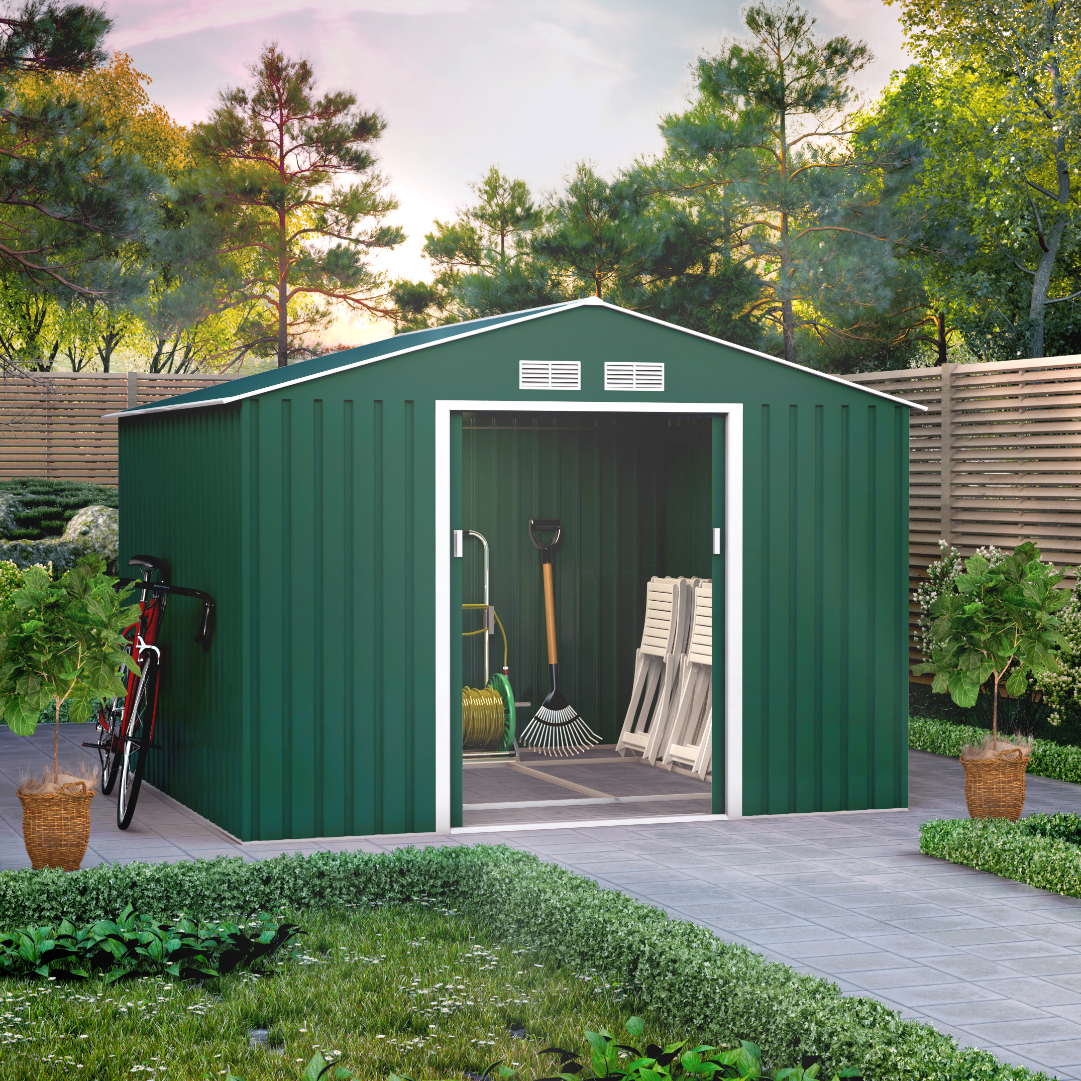 9x8 Ranger Apex Metal Shed With Foundation Kit - Dark Green BillyOh