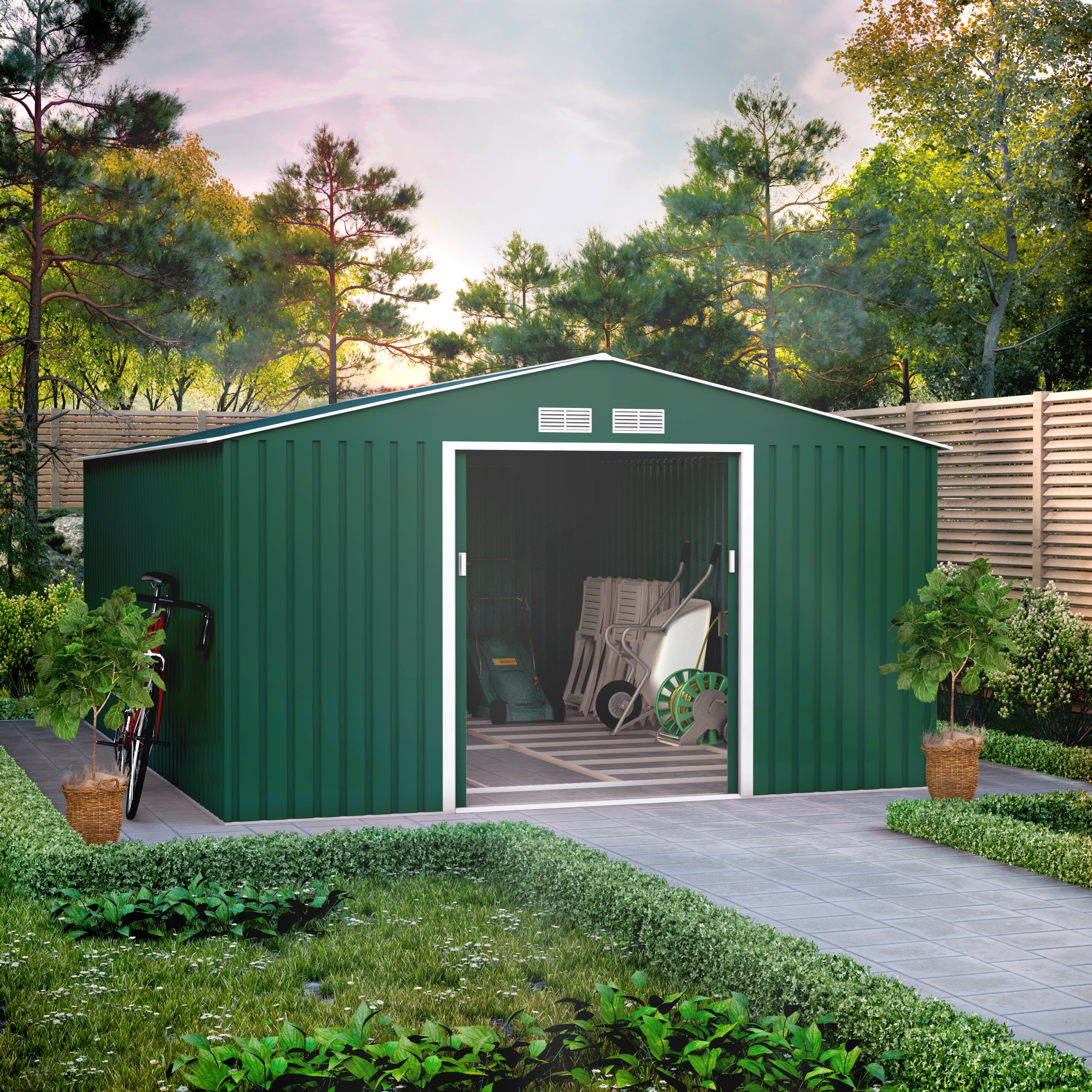 11x14 Ranger Apex Metal Shed With Foundation Kit - Dark Green BillyOh