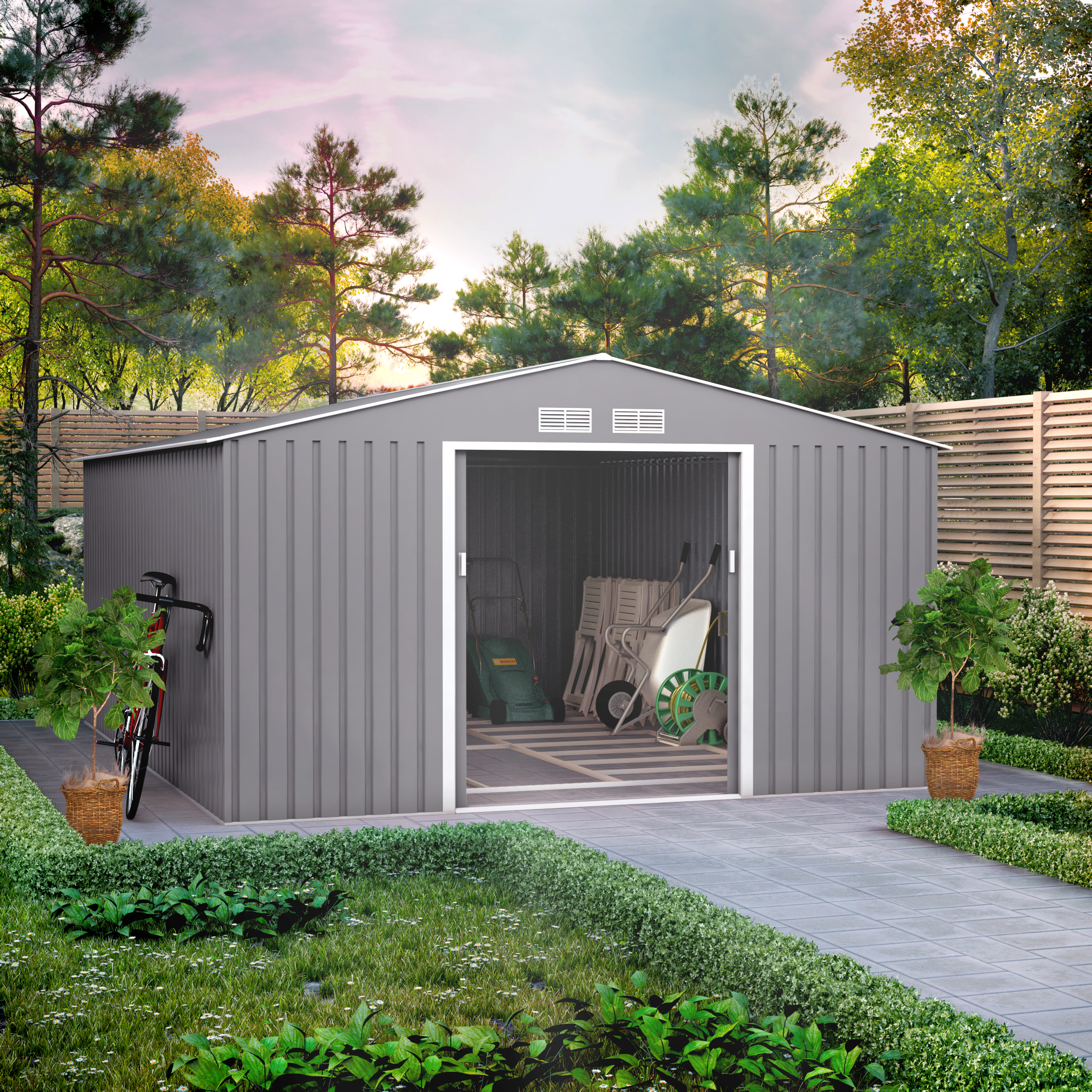 11x14 Ranger Apex Metal Shed With Foundation Kit - Light Grey BillyOh