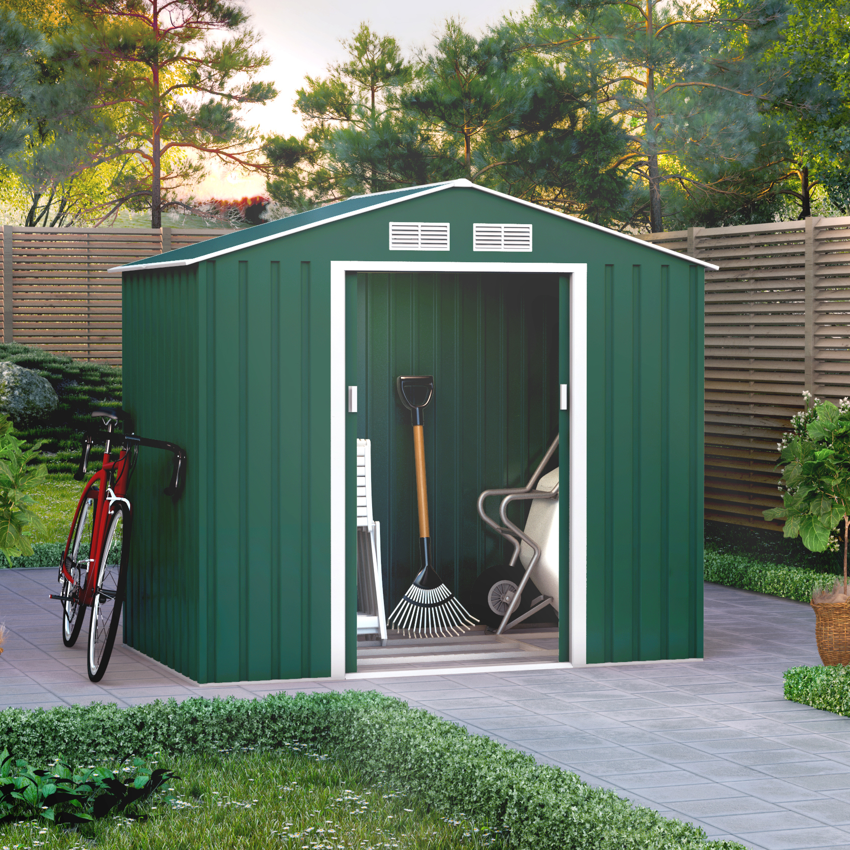 7x4 Ranger Apex Metal Shed With Foundation Kit -  Dark Green BillyOh
