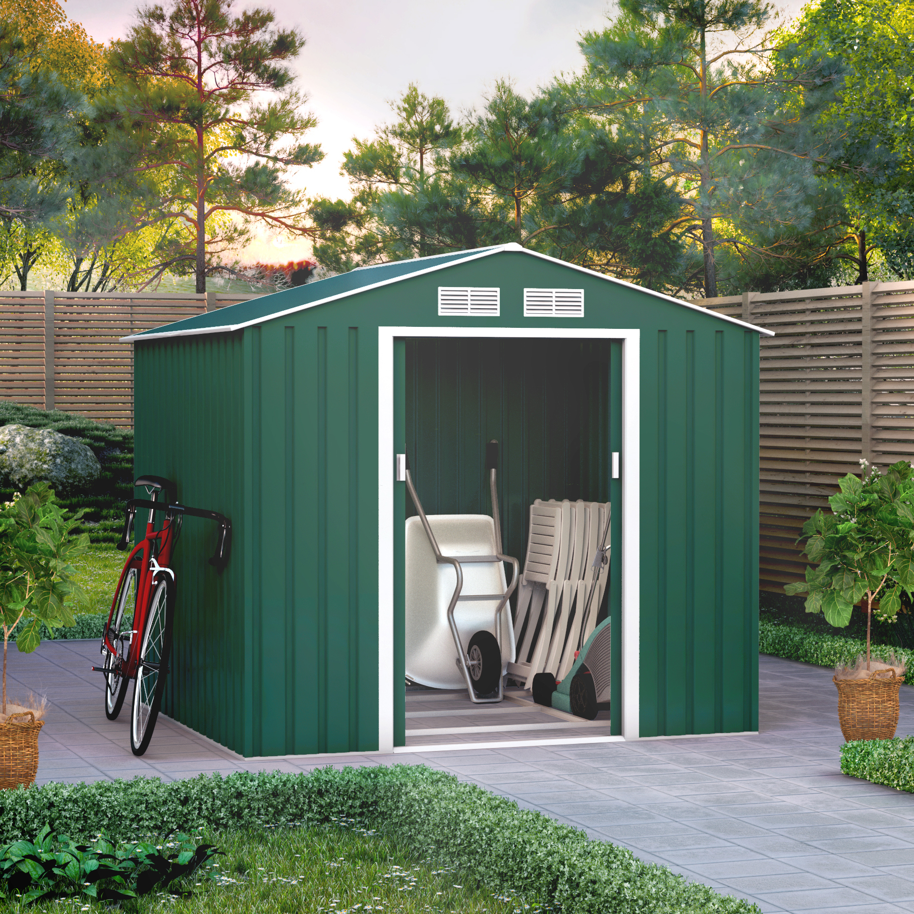 7x6 Ranger Apex Metal Shed With Foundation Kit - Dark Green BillyOh