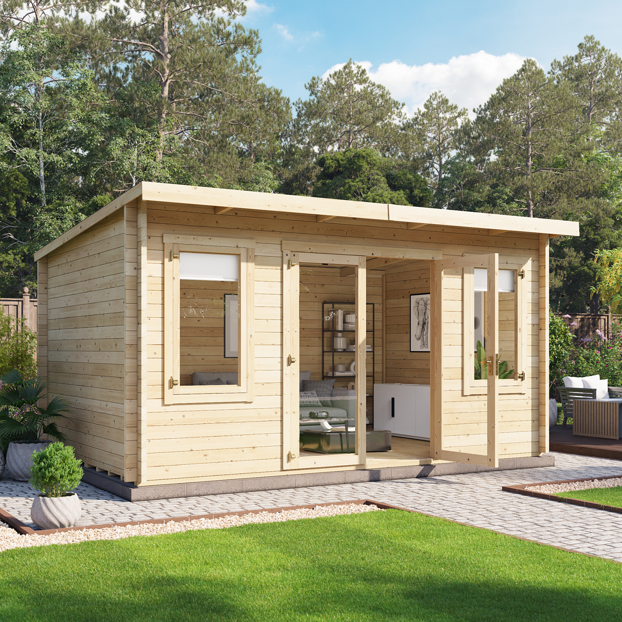 4.5 x 3 Log Cabin - BillyOh Fraya Pent Log Cabin Summer Houses - 28mm Thickness Wooden Log Cabin Summerhouse - 4.5m x 3m