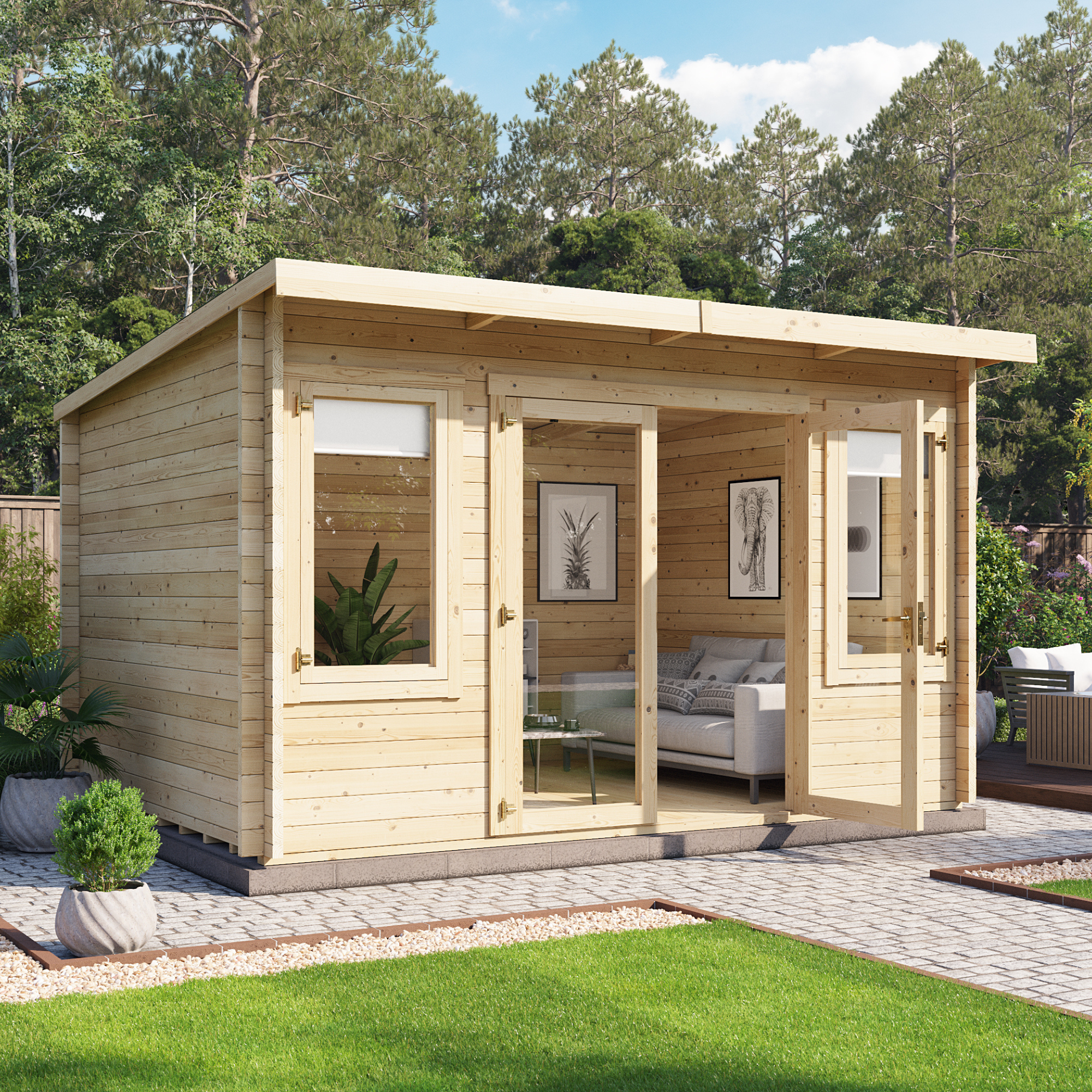 4 x 3 Log Cabin Summerhouse - BillyOh Fraya Pent Log Cabin - 28mm Thickness Wooden Log Cabin Summer Houses - 4m x 3.0m 4 x 3 Log Cabin Summerhouse - BillyOh Fraya Pent Log Cabin - 28mm Thickness Wooden Log Cabin Summer Houses - 4m x 3.0m