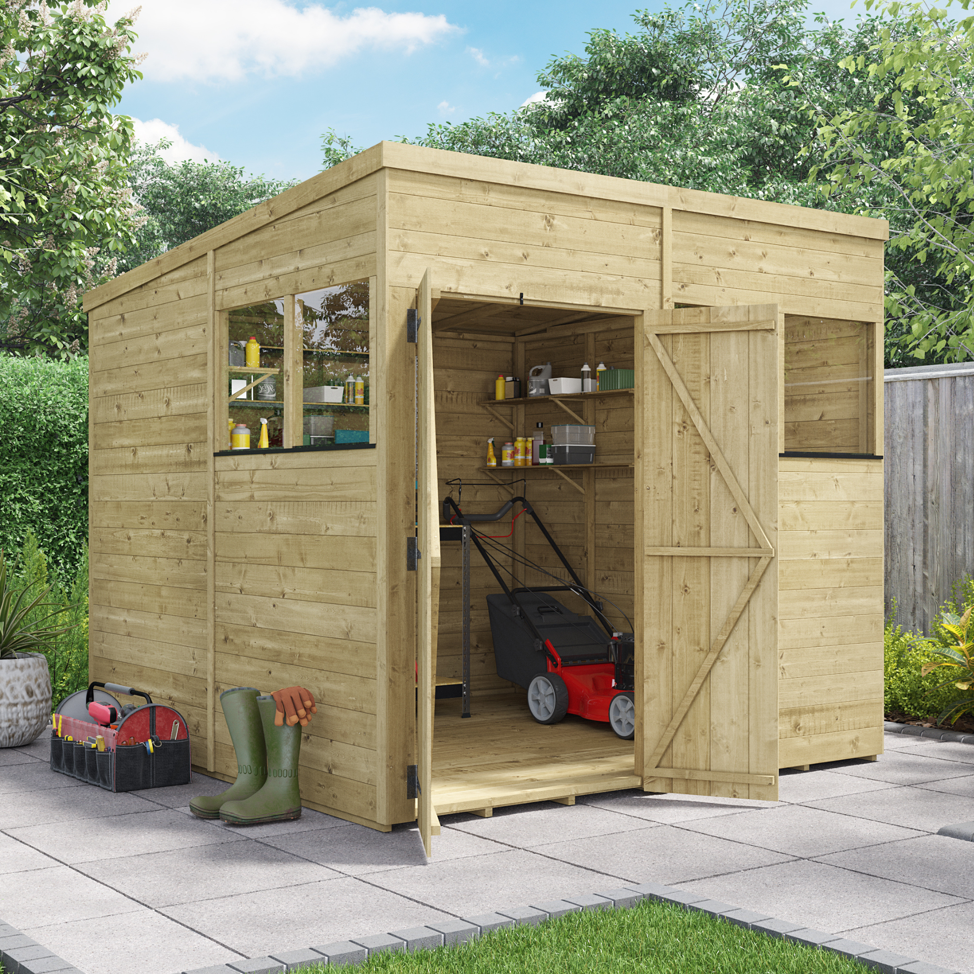 BillyOh Switch Tongue and Groove Pent Wooden Shed - 8x8 Windowed 15mm Garden Shed - 8 x 8ft Shed