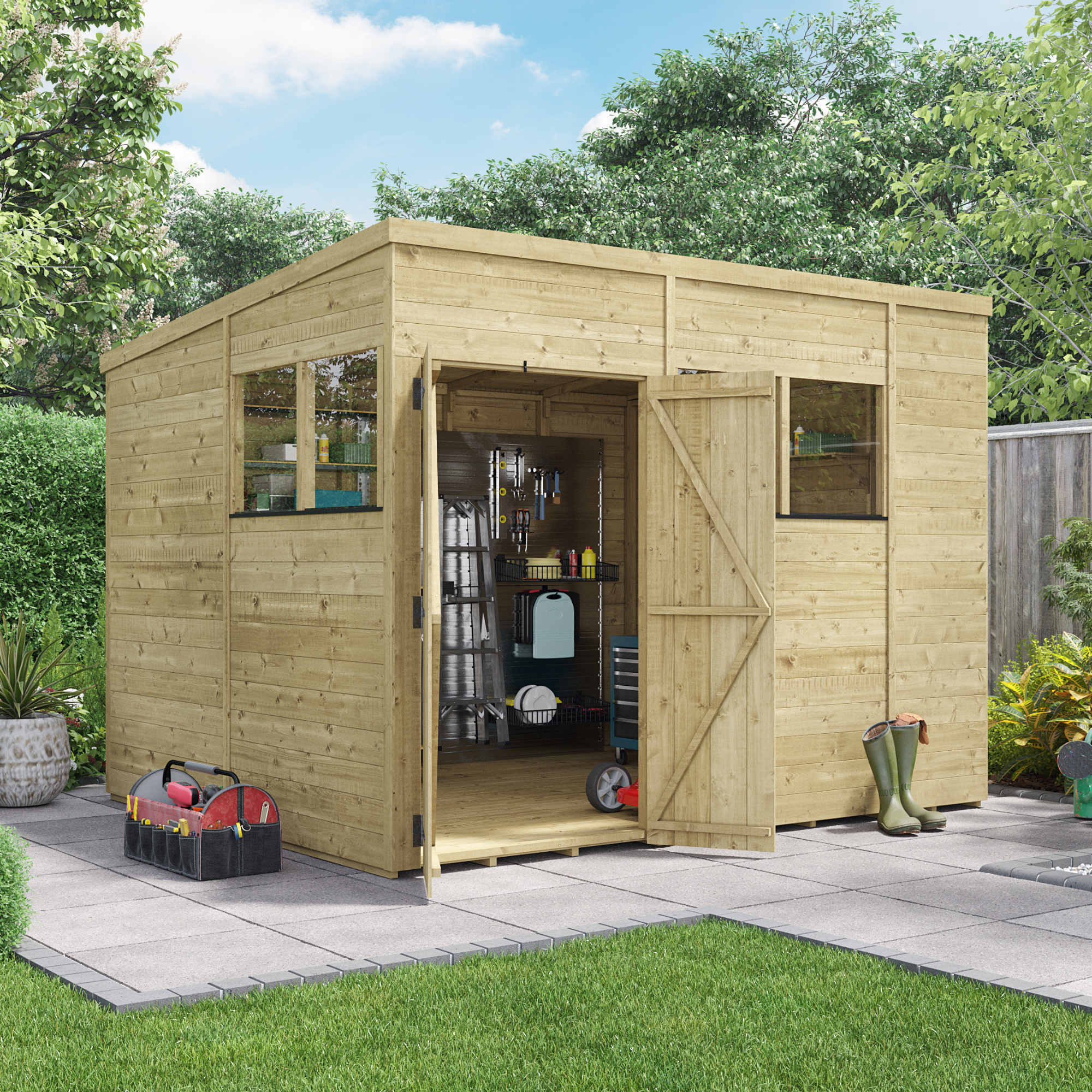 BillyOh Switch Tongue and Groove Pent Wooden Shed - 10x8 Windowed Garden Shed - 10 x 8ft