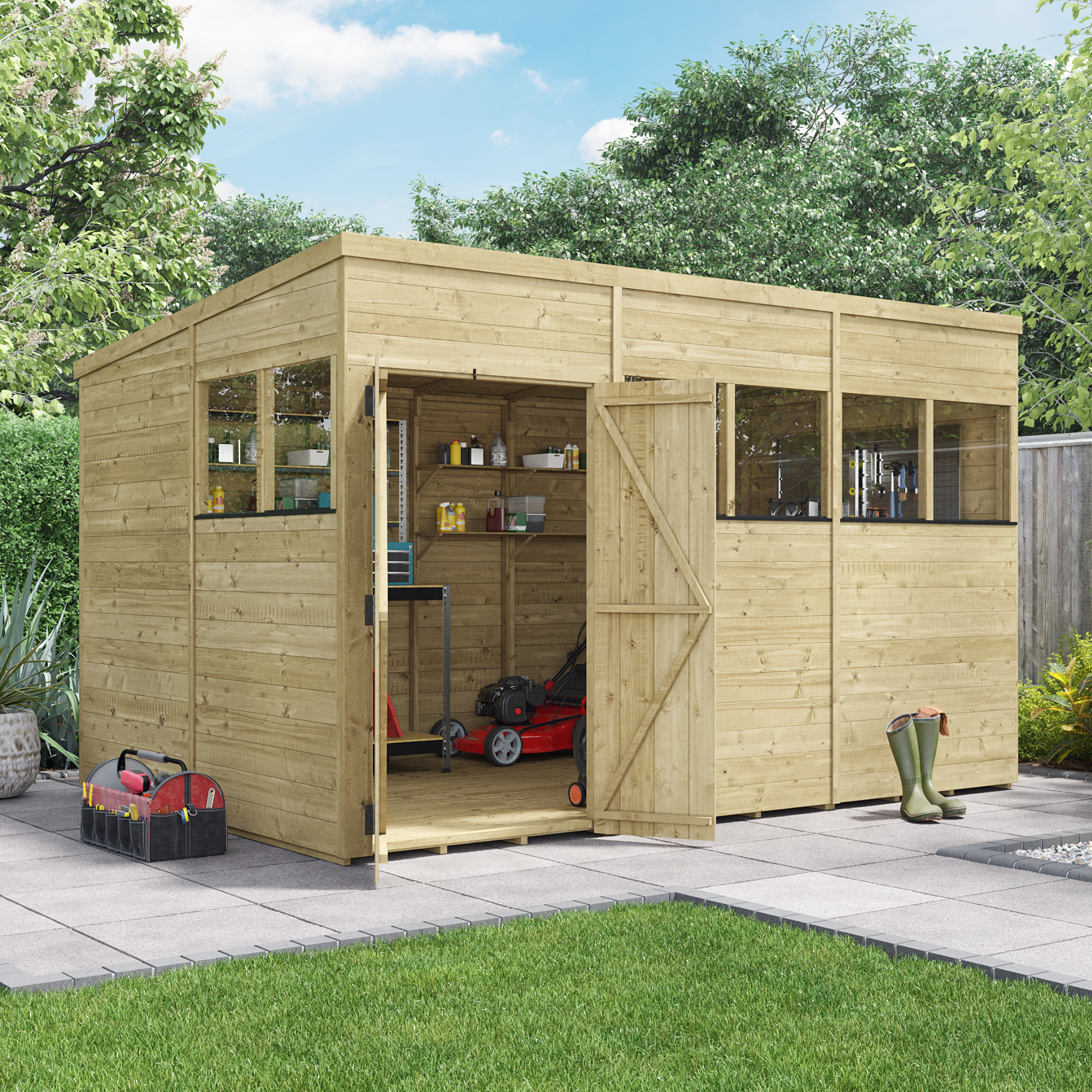 BillyOh Switch Tongue and Groove Pent Wooden Shed - 12x8 Windowed 15mm Garden Shed - 12 x 8ft Shed