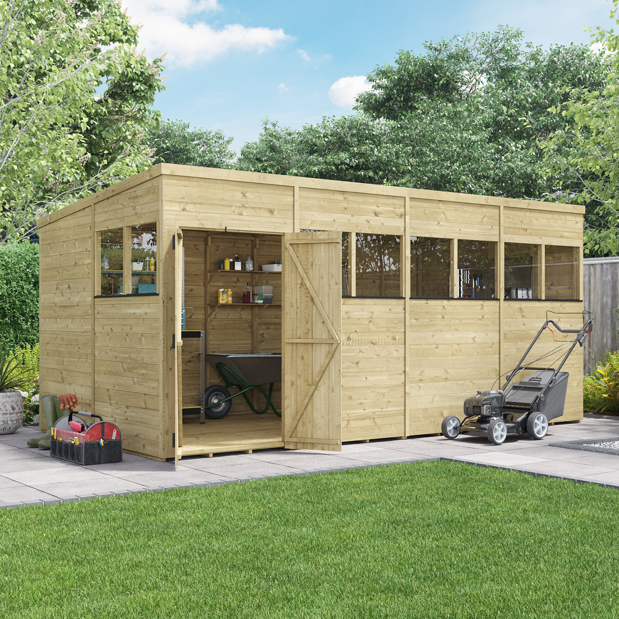 BillyOh Switch Tongue and Groove Pent Wooden Shed - 16x8 Windowed 15mm Garden Shed