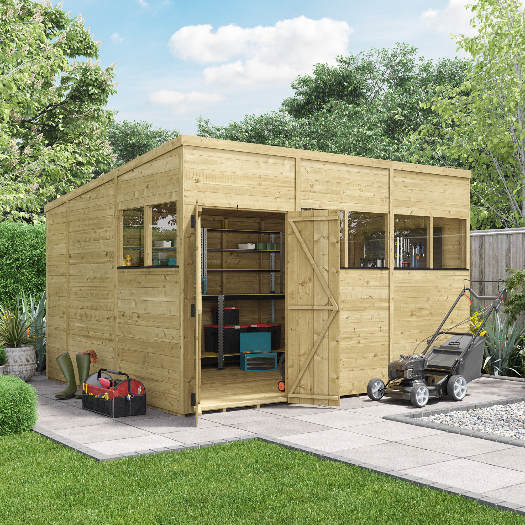 BillyOh Switch Tongue and Groove Pent Wooden Shed - 12x10 Windowed 11mm Garden Shed