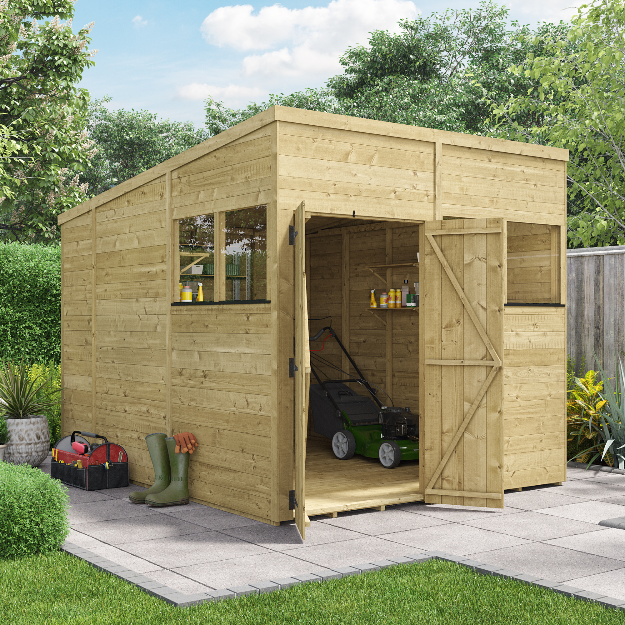 BillyOh Switch Tongue and Groove Pent Wooden Shed - 8x10 Windowed 15mm Garden Shed - 8 x 10ft