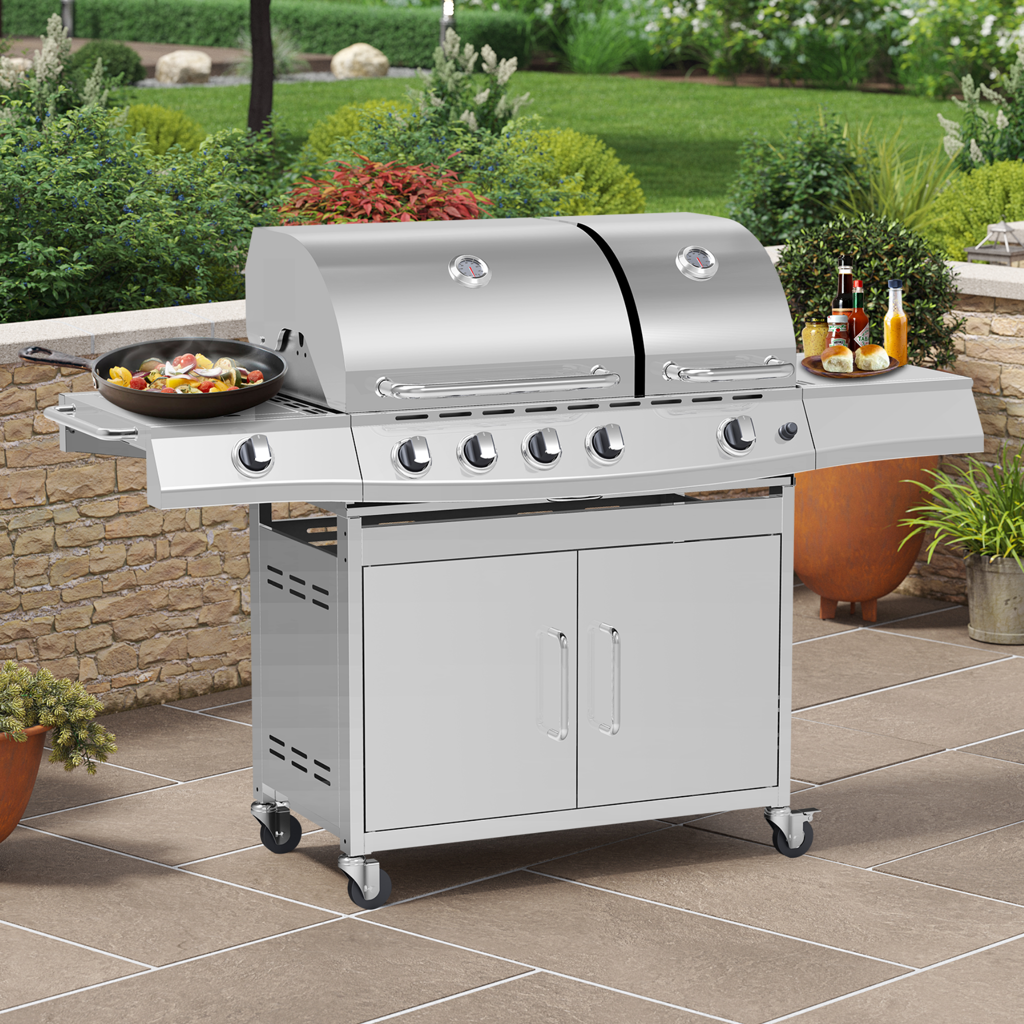 BillyOh Dallas Silver 5 Burner Gas BBQ Grill with Side Burner & Side Table Includes Cover & Regulator - Premium Double BBQ - Silver