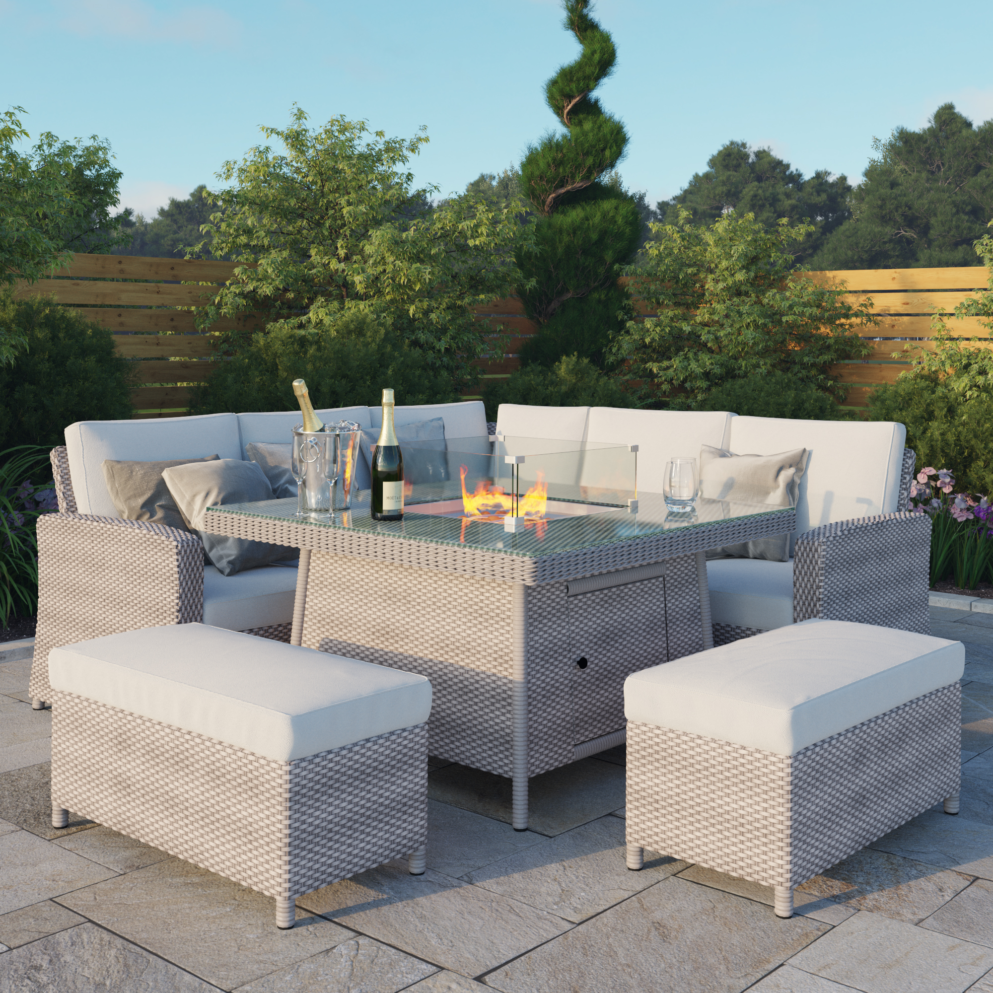 BillyOh Capri Rattan Garden Corner Sofa Set with Firepit Table - L-Shaped Rattan With 2 Benches and Firepit