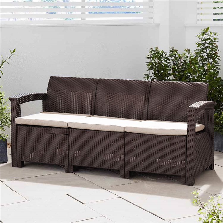 Rattan Effect 3-Seater Sofa with Cushions - Brown