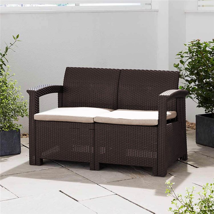 Rattan Effect 2-Seater Sofa with Cushions - Brown