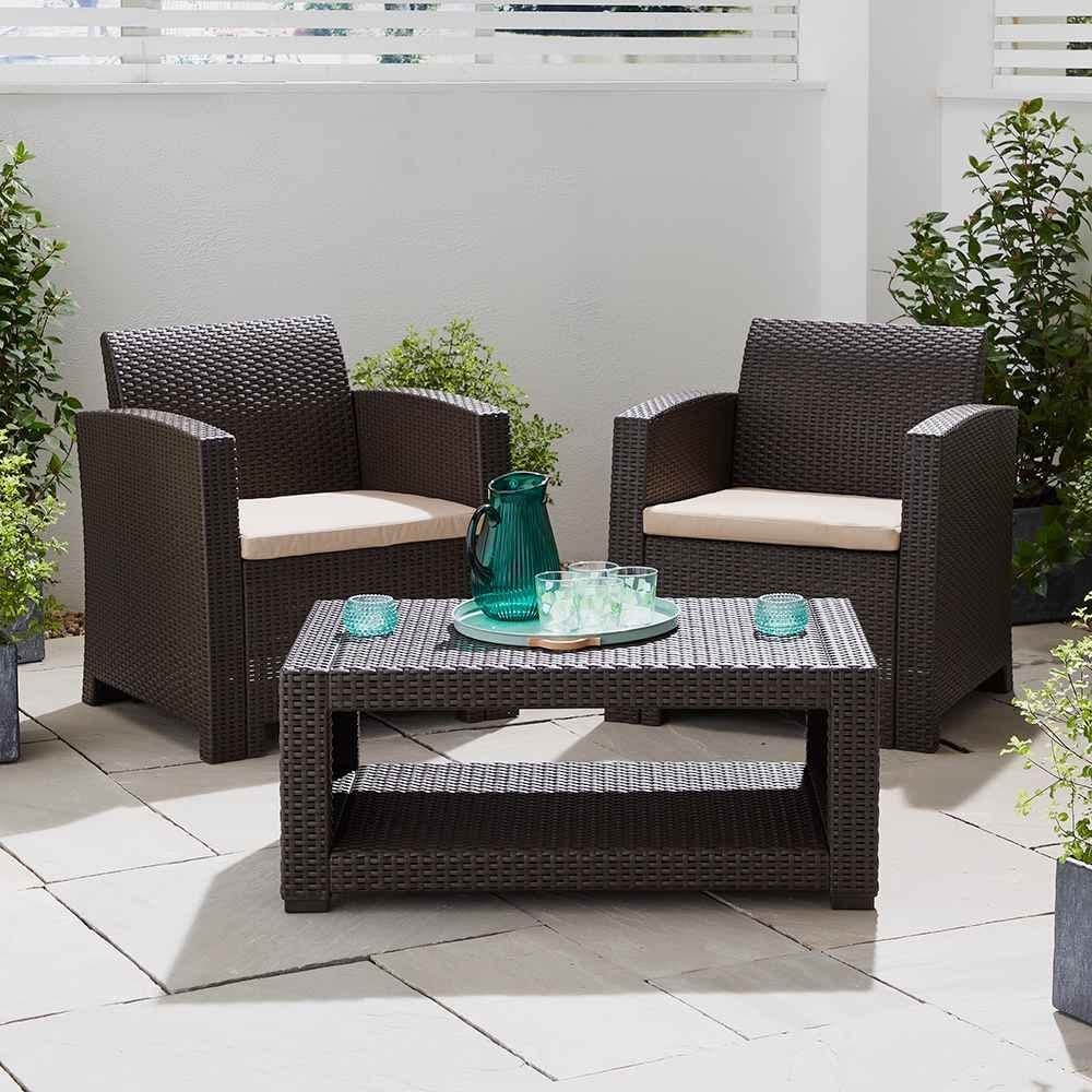 2-Seater Rattan Armchair Furniture Set with Coffee Table - Brown