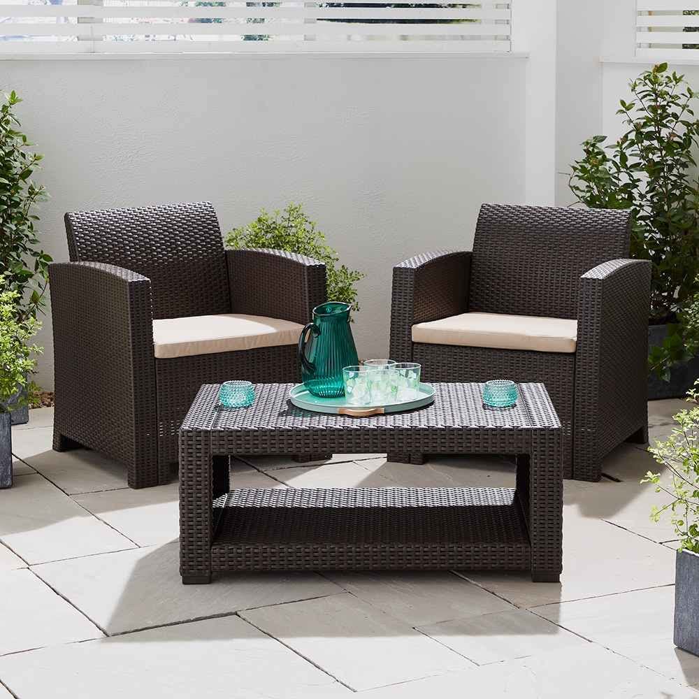 2-Seater Rattan Armchair Furniture Set with Coffee Table - Brown 2-Seater Rattan Armchair Furniture Set with Coffee Table - Brown
