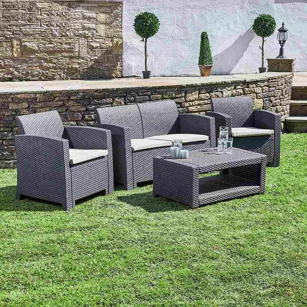 Marbella 4 Seater Rattan Effect Sofa Set with Coffee Table - Graphite Marbella 4 Seater Rattan Effect Sofa Set with Coffee Table - Graphite