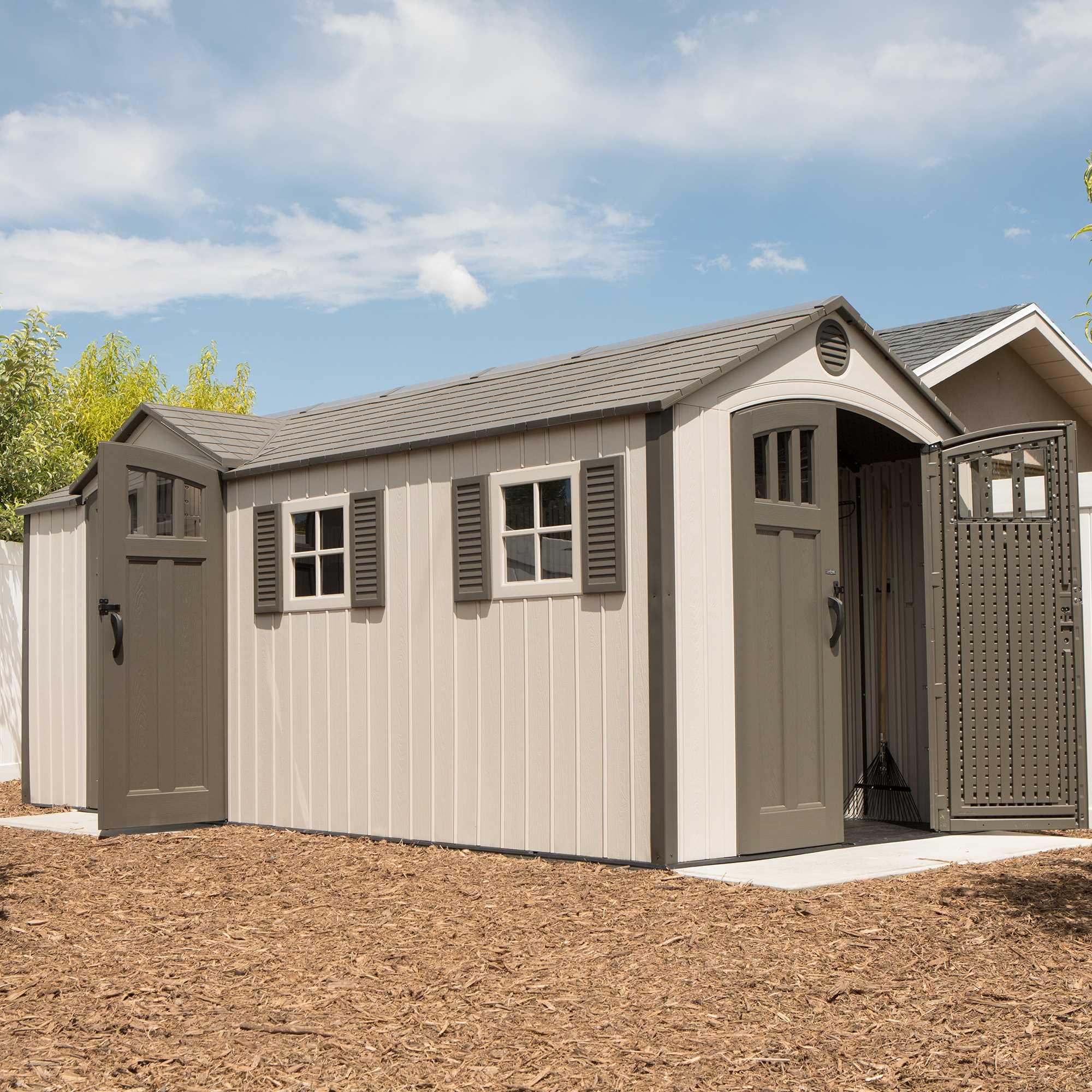 Lifetime 17.5 x 8 Dual Entry Heavy Duty Outdoor Plastic Shed - 17×8ft Dual Entry - Large Plastic Garden Storage Shed with Floor