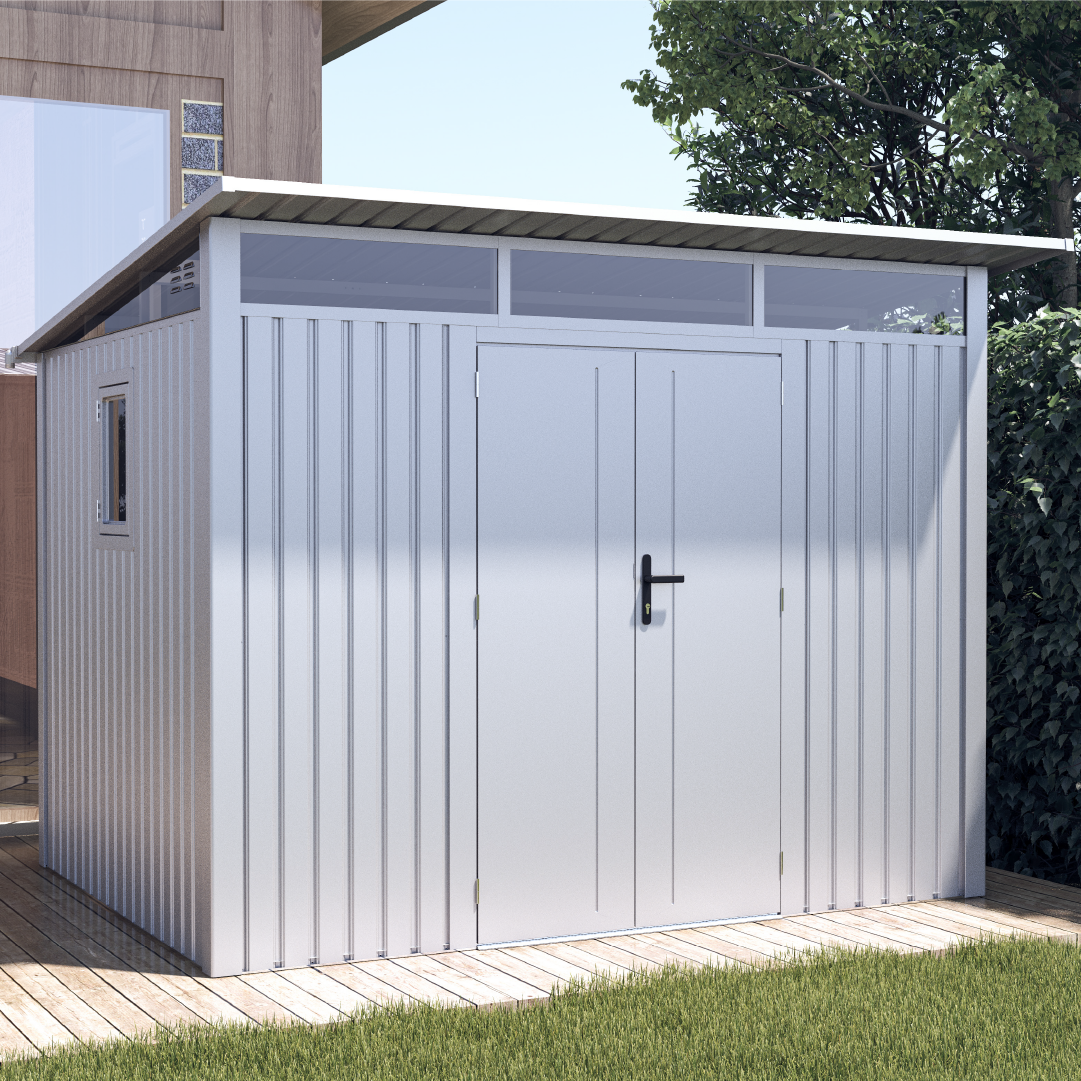 BillyOh Centro II Pent Aluminium Metal Shed - 9x8 Metal Garden Shed White - Biohort Avantgarde Pent Metal Storage Shed